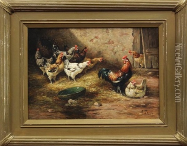 Chickens In A Barnyard 2 Oil Painting - August Laux