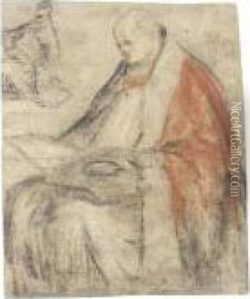 A Seated Bishop Reading From A 
Book On His Lap, And A Small Study Of The Same Figure, Wearing A Cap Oil Painting - Jacopo Bassano (Jacopo da Ponte)