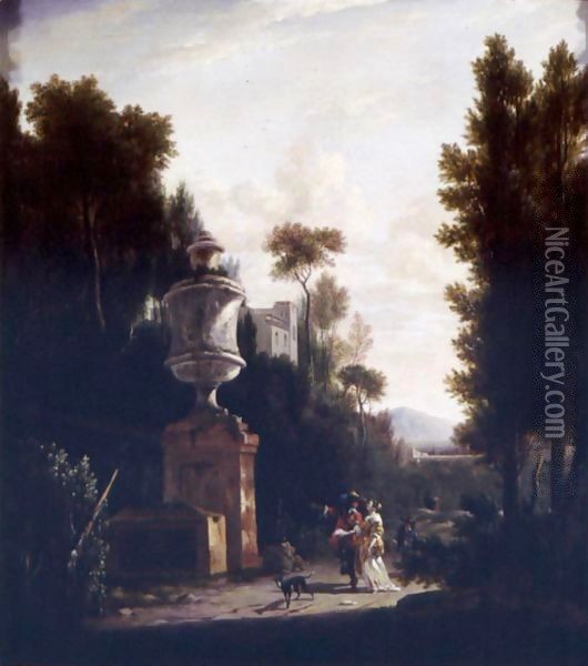 An Italianate Wooded Landscape With Figures On A Path Oil Painting - Frederick De Moucheron
