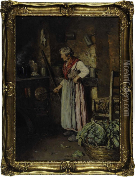 A Peasant Woman In A Kitchen Oil Painting - Giuseppe Giardiello
