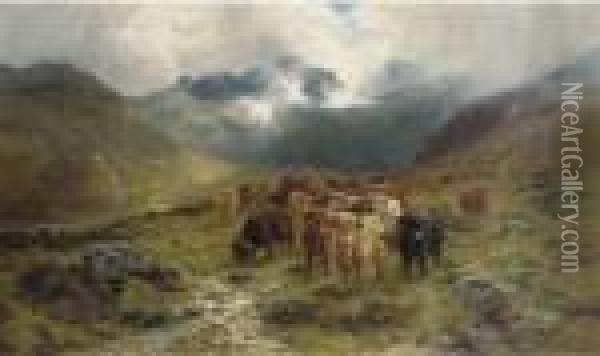 Highland Cattle And Drovers In A Valley Oil Painting - Louis Bosworth Hurt