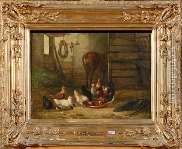 Coq Et Poules A L'ecurie Oil Painting - Edouard-Joris Moerenhout