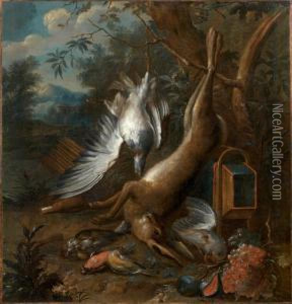 Trophee De Chasse Au Lievre, Oiseaux Et Fruits Oil Painting - Willem Frederik van Royen