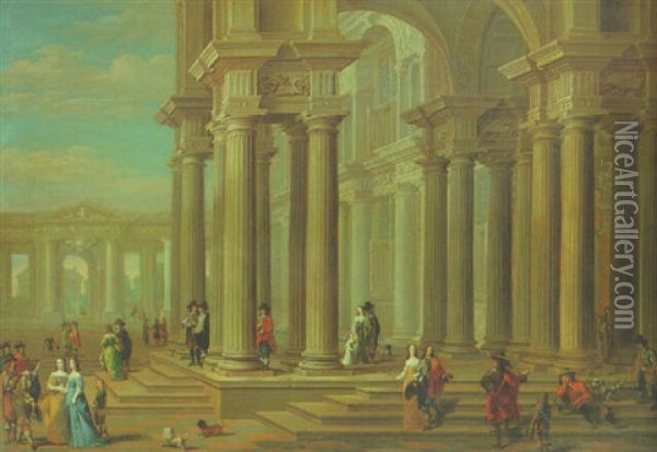 Capriccio Of A Classical Forecourt With Elegant Company Promenading Oil Painting - Dirck Van Delen