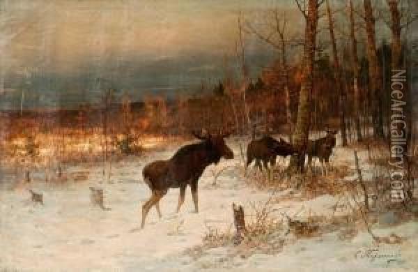 Elks In Winter Oil Painting - Efim Tikhmenev