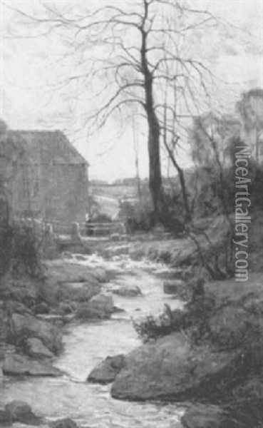 A Stream By A Cottage, Quimperle Oil Painting - Nathaniel, R.H.A. Hill