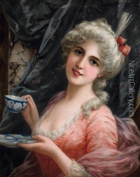 Portrat Einer Jungen Dame In Rokokokleid, Eine Tasse Tee Geniesend Oil Painting - Emile Eisman-Semenowsky