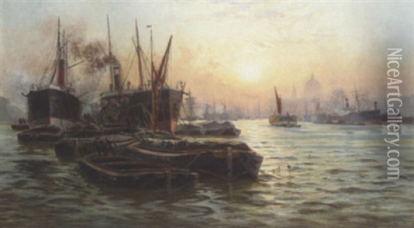 Shipping On The Thames At Sunset With St. Paul's In The Distance Oil Painting - Charles John de Lacy