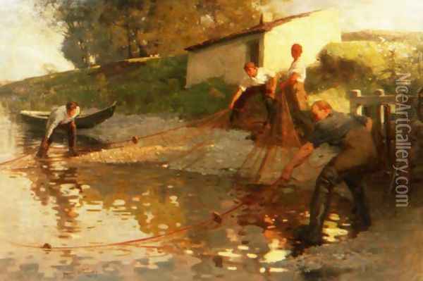 Tweed Salmon Fishers, 1907 Oil Painting - James Wallace