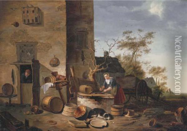 A Kitchenmaid Cleaning Fish Before A Farmhouse Oil Painting - Egbert van der Poel