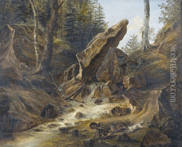 Bachbett Im Wald Mit Hundemeute Oil Painting - Eduard Rahn-Hirzel