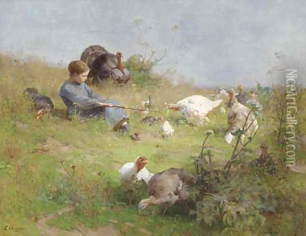 A Young Girl with a Flock of Turkeys Oil Painting - Luigi Chialiva