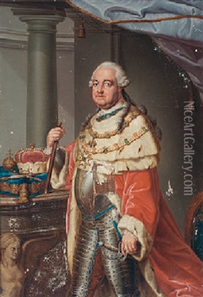 Portrait Of Kurfurst Karl Theodor Von Der Pfalz Und Bayern, Wearing Armour With An Ermine-trimmed Coat Oil Painting - Pompeo Girolamo Batoni