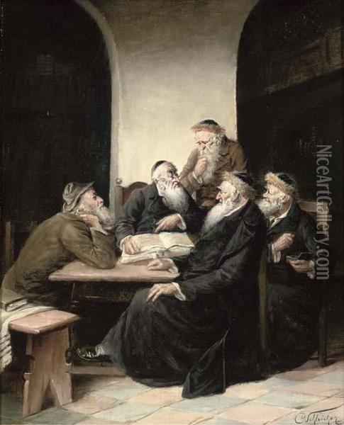 Rabbi Scholars In A Debate Oil Painting - Carl Schleicher