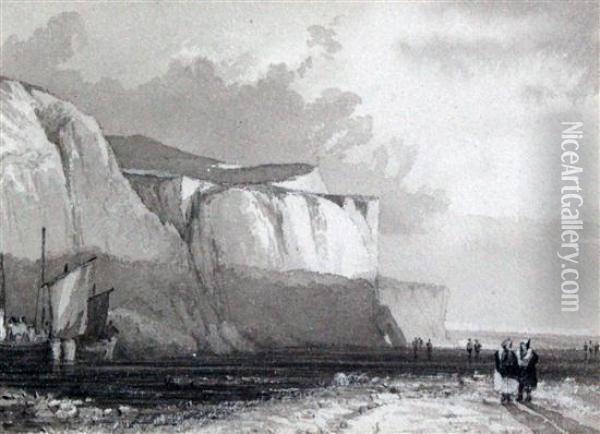 Fishing Boats Beneath Sea Cliffs At Low Tide Oil Painting - Richard Parkes Bonington