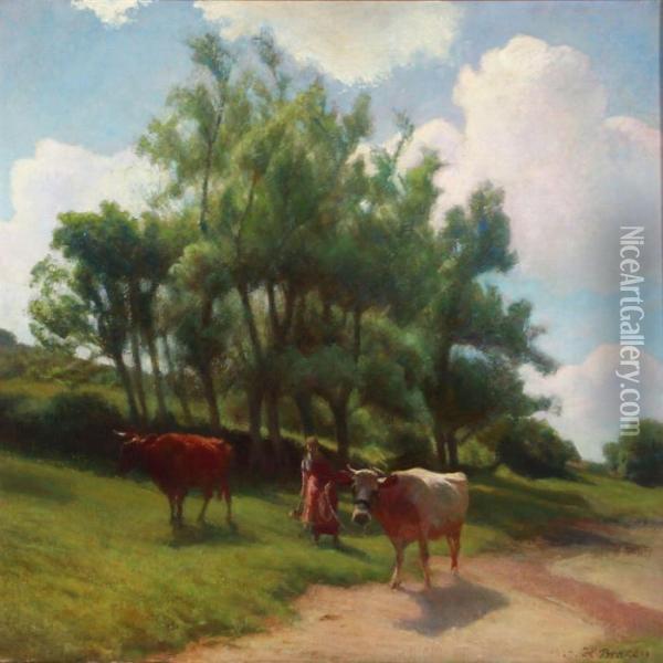 Summer Landscape With A Peasant Woman And Two Cows Oil Painting - Hans Ole Brasen