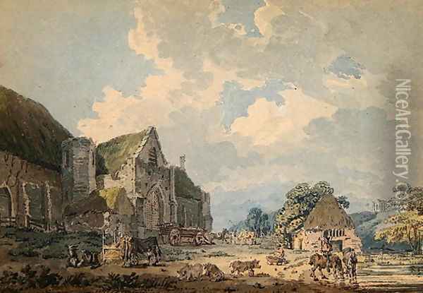 The Tithe Barn at Abbotsbury with the Abbey on the hill Oil Painting - Thomas Girtin