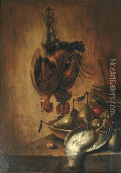 A Still Life With A Chicken Hanging From A Rope Above A Ledge With Other Birds, Apples And Pears In A Bowl Nearby Oil Painting - Petrus Schotanus
