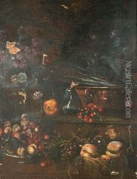 Still Life Of Fruit And Flowers Oil Painting - Giovanni Battista Ruoppolo