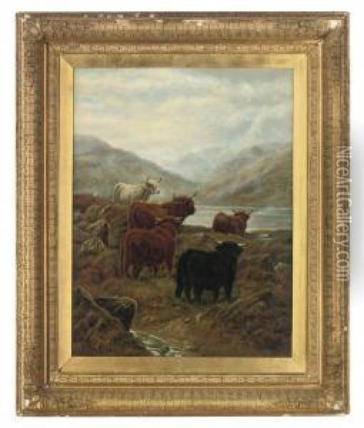 Highland Cattle By A Misty Loch Oil Painting - Robert Watson