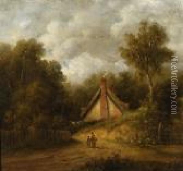 Figures On A Path By A Woodland Cottage Oil Painting - John Moore Of Ipswich