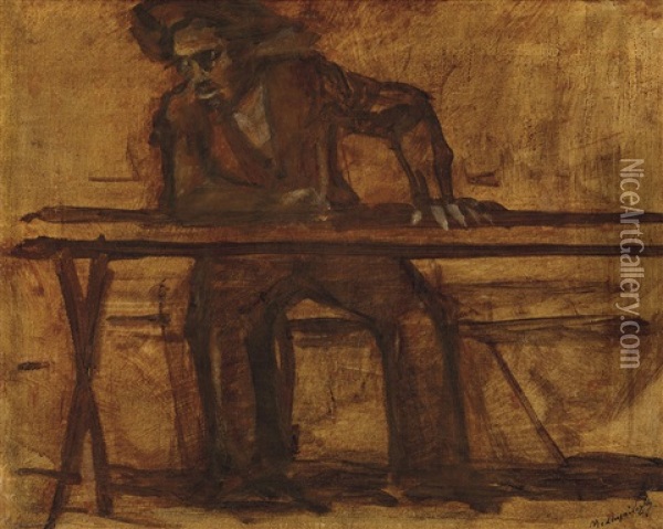 By The Table Oil Painting - Laszlo Mednyanszky