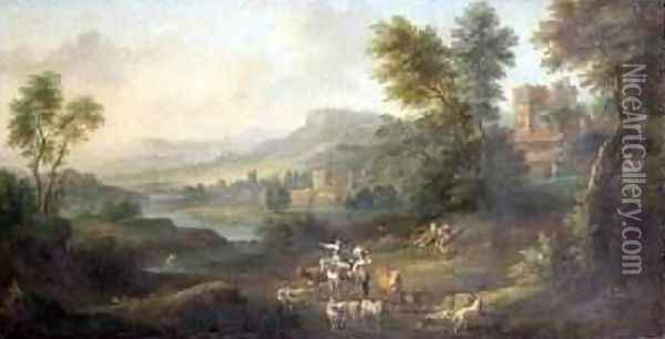 Drovers and Shepherdesses in an Idyllic Pastoral Landscape Oil Painting - Isaac de Moucheron