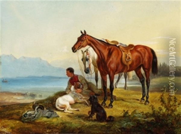 Rastender Reiter Am See Oil Painting - Franz Adam