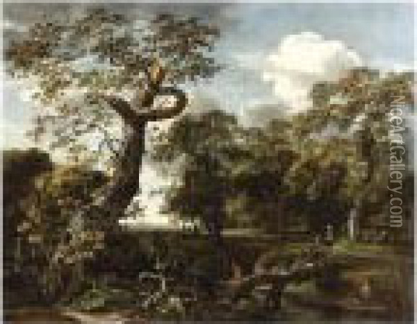 A Wooded River Landscape With Fishermen, A Hunter And Travellers Oil Painting - Jan van Kessel