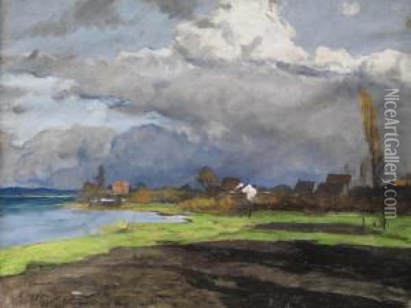 Seeuferlandschaft Mit Lichtdurchschienenen Regenwolken Oil Painting - Albert Stagura