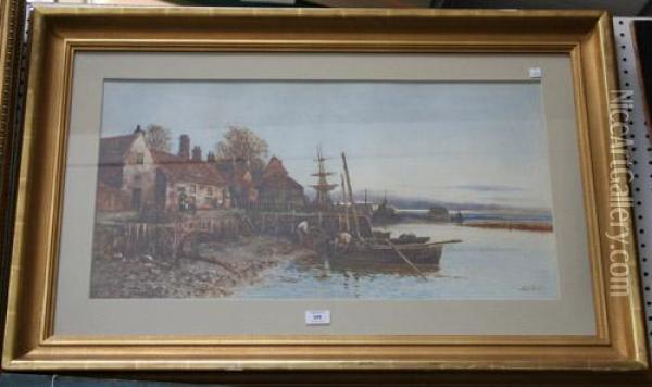 Figures Loading Nets Into Boats Near Cottages Ona Quay Oil Painting - Walker Stuart Lloyd