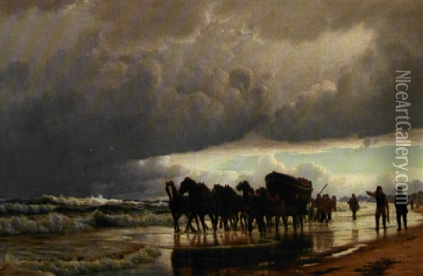 Redningsbaden Kjores Til Strandingsstedet. Motiv Fra Jyllands Vestkyst Oil Painting - Christian Blache