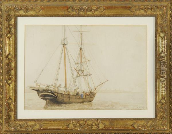 A Ship Moored Offshore Oil Painting - William Bradford