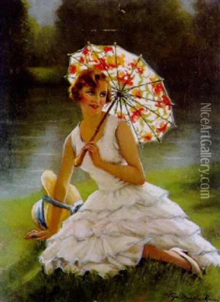 Jeune Femme A L'ombrelle Oil Painting - Francois Martin-Kavel