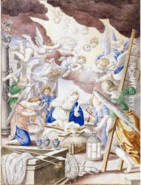 La Nascita Di Cristo Con L'allegoria Della Passione Oil Painting - Giovanni B. (Il Genvovese) Castello