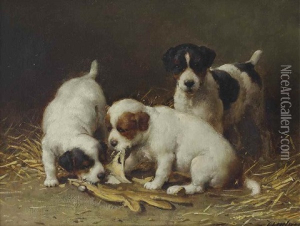 Pups Playing With A Glove Oil Painting - Otto Eerelman
