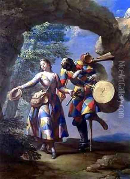 A Harlequin Returning from War Oil Painting - Giovanni Domenico Ferretti