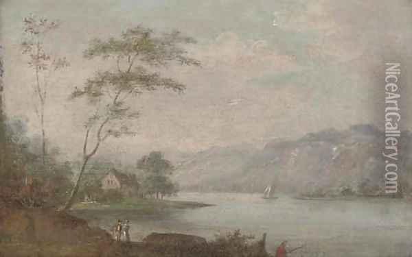 A river landscape with anglers and figures on a river bank, a house beyond Oil Painting - Johann Christian Vollerdt or Vollaert