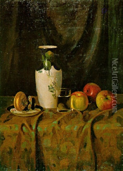 Still Life With Vase. Apples, Glass And Porcelain Cup Oil Painting - Pericles Pantazis