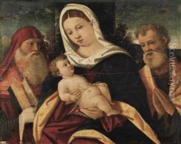 Mary With Infant. Saint Hieronymus And Joseph. Oil Painting - Bonifacio Veronese (Pitati)