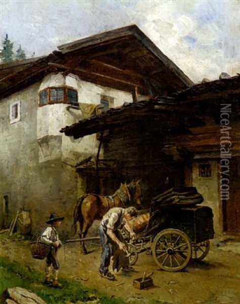 Kutsche Vor Gehoft Oil Painting - Hermann Lindenschmit
