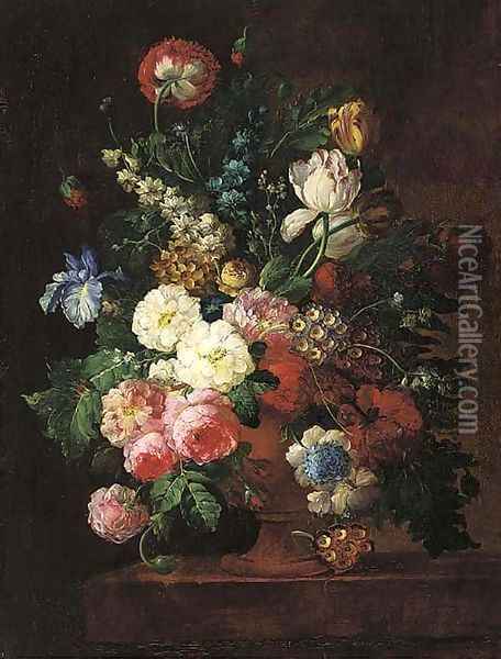 Roses, irises, tulips, and other flowers in a stone urn on a ledge Oil Painting - Jan van Os