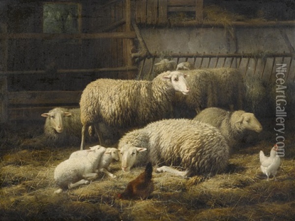 A Barn Interior With Sheep And Chickens Oil Painting - Theo van Sluys