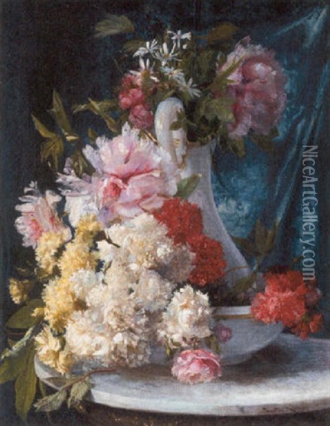 Summer Flowers In A Glass Pitcher And Bowl Oil Painting - Ricardo Marti Aguilo