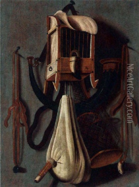A Trompe L'oeil Still Life With A Birdcage, And Other Hunting Paraphernalia Oil Painting - Johannes Leemans