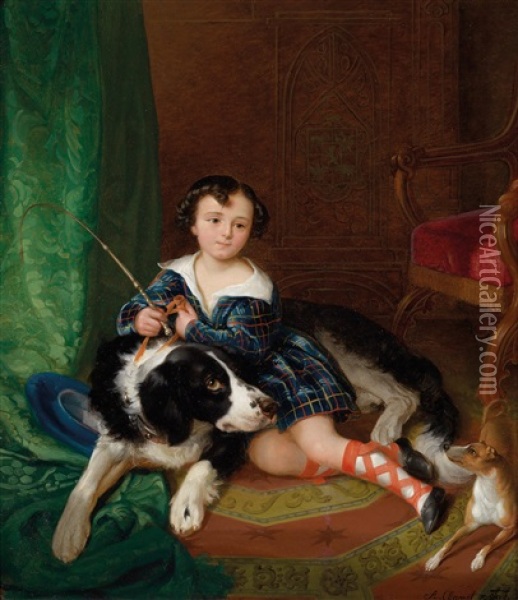Beste Freunde, Portrait Der Franziska Auersperg (13. 9. 12. 1847) Mit Ihren Hunden Oil Painting - Alexander Clarot