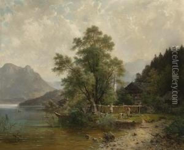 Fischerfamilie Am Ufer Eines
 Gebirgssees. Oil Painting - Henri Louis Ludwig