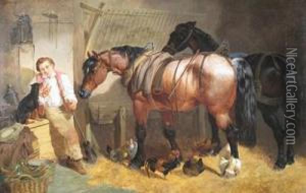 Stable Interior With A Groom, Horses And A Dog Oil Painting - Henry Charles Woollett