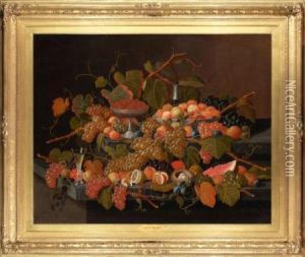 Still Life With Fruit And Champagne Oil Painting - Severin Roesen
