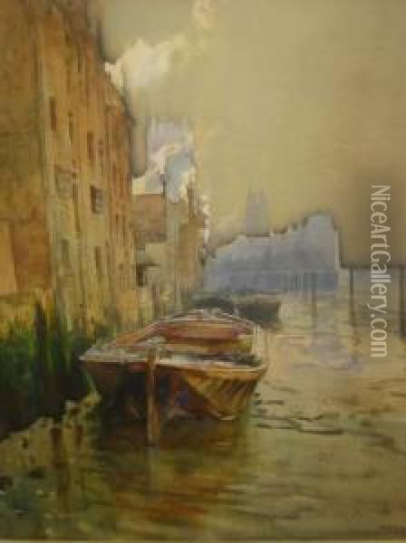 Barges On A Waterfront Oil Painting - Ruth Mercier